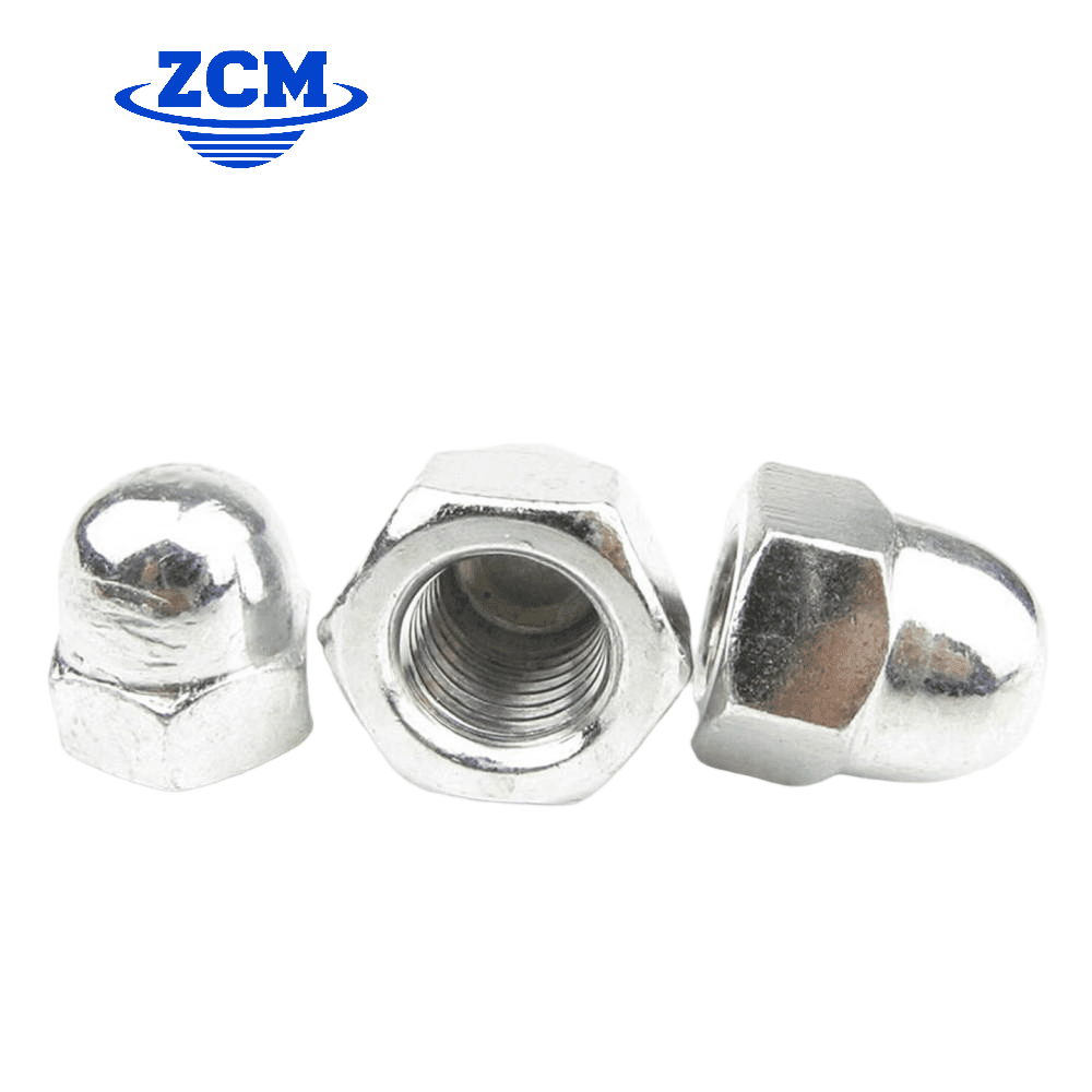 Three zinc plated acorn nuts in a row by ZCM