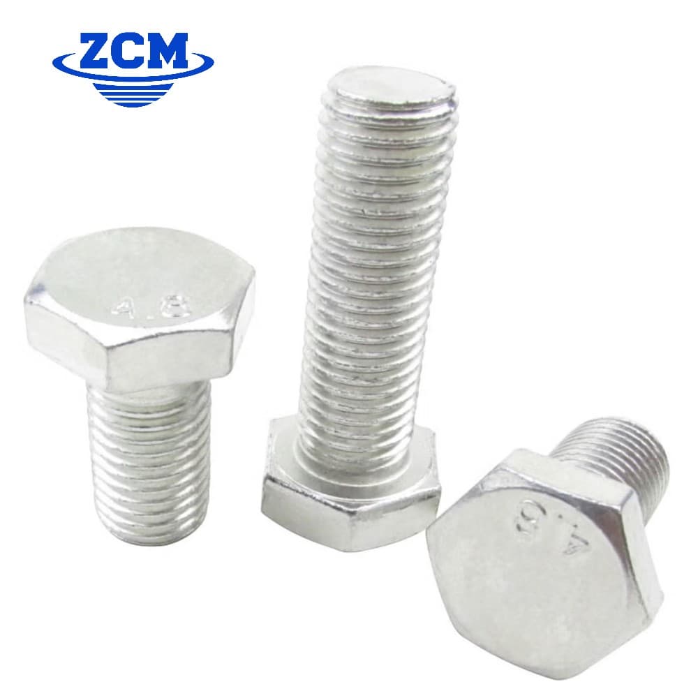 Three zinc plated hex bolts Grade 4.8 showing head markings by ZCM