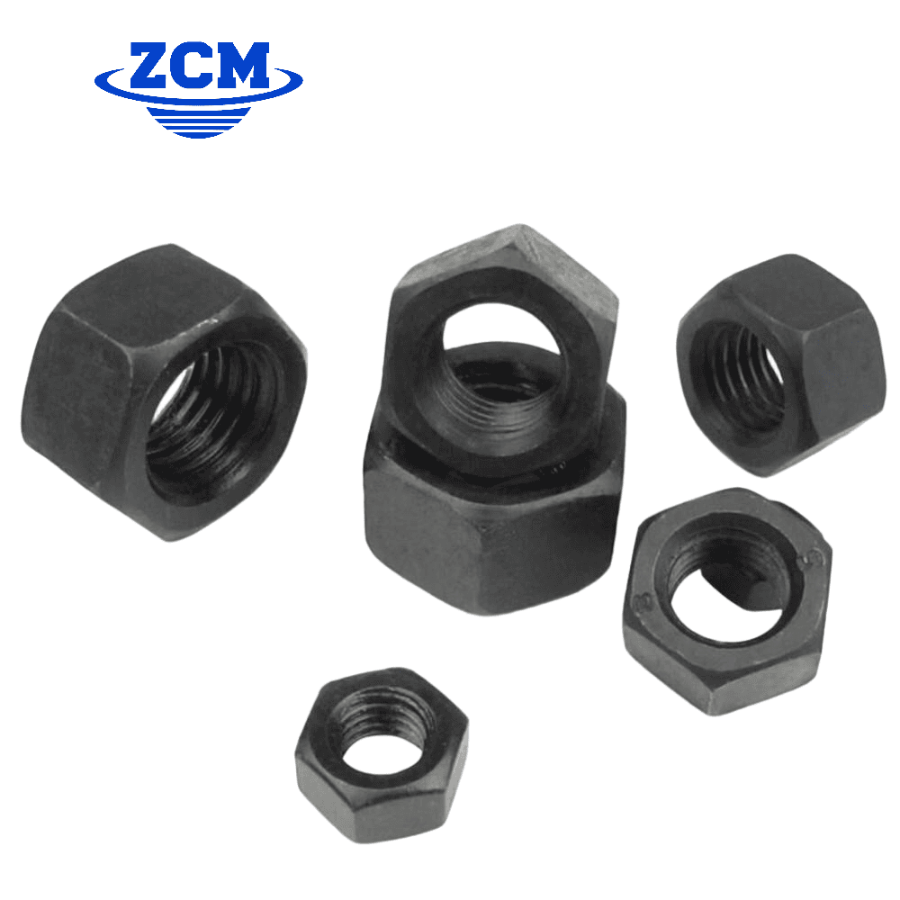 Black oxide hex nuts in various sizes showing internal threads by ZCM