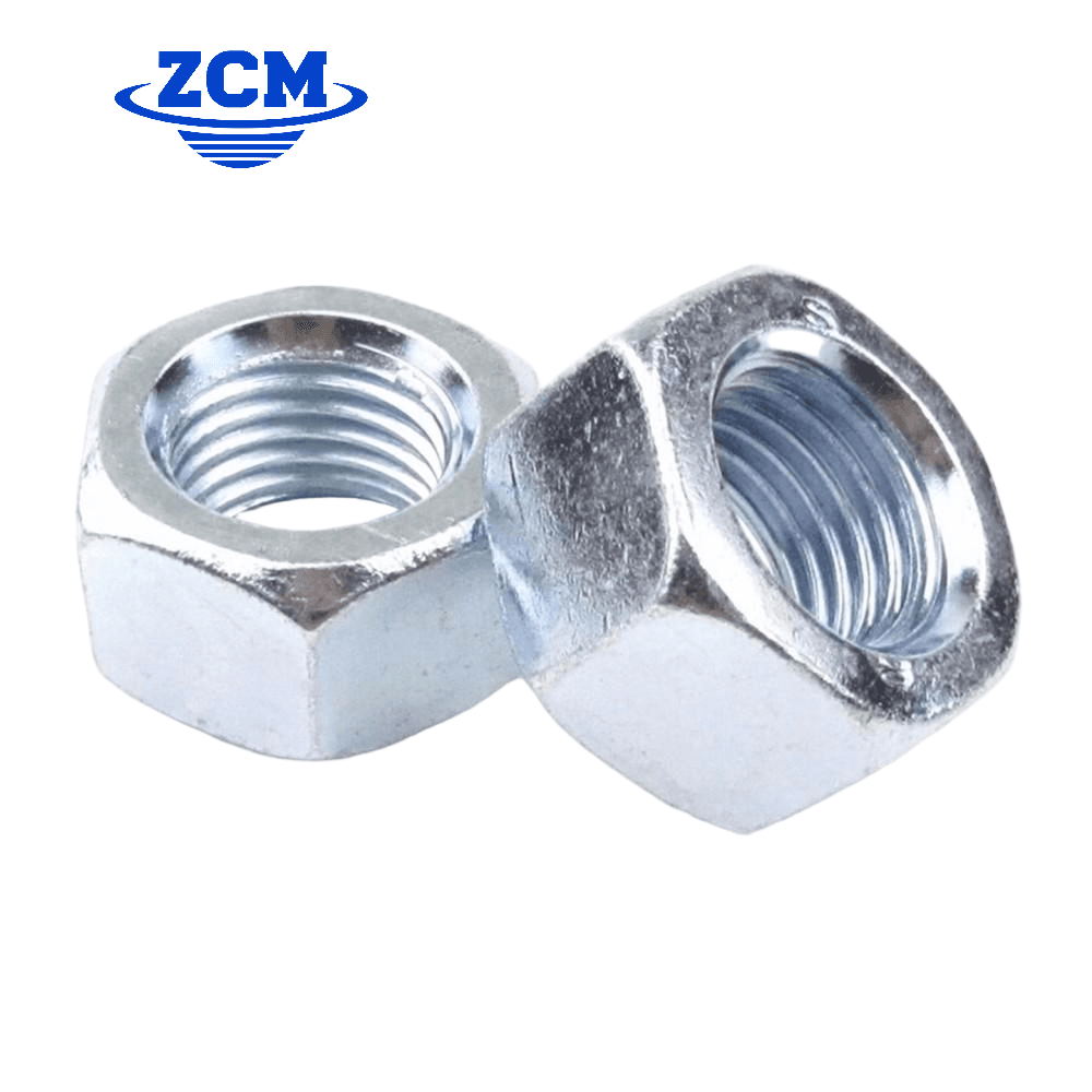 Two zinc plated hex nuts close-up showing internal threads by ZCM